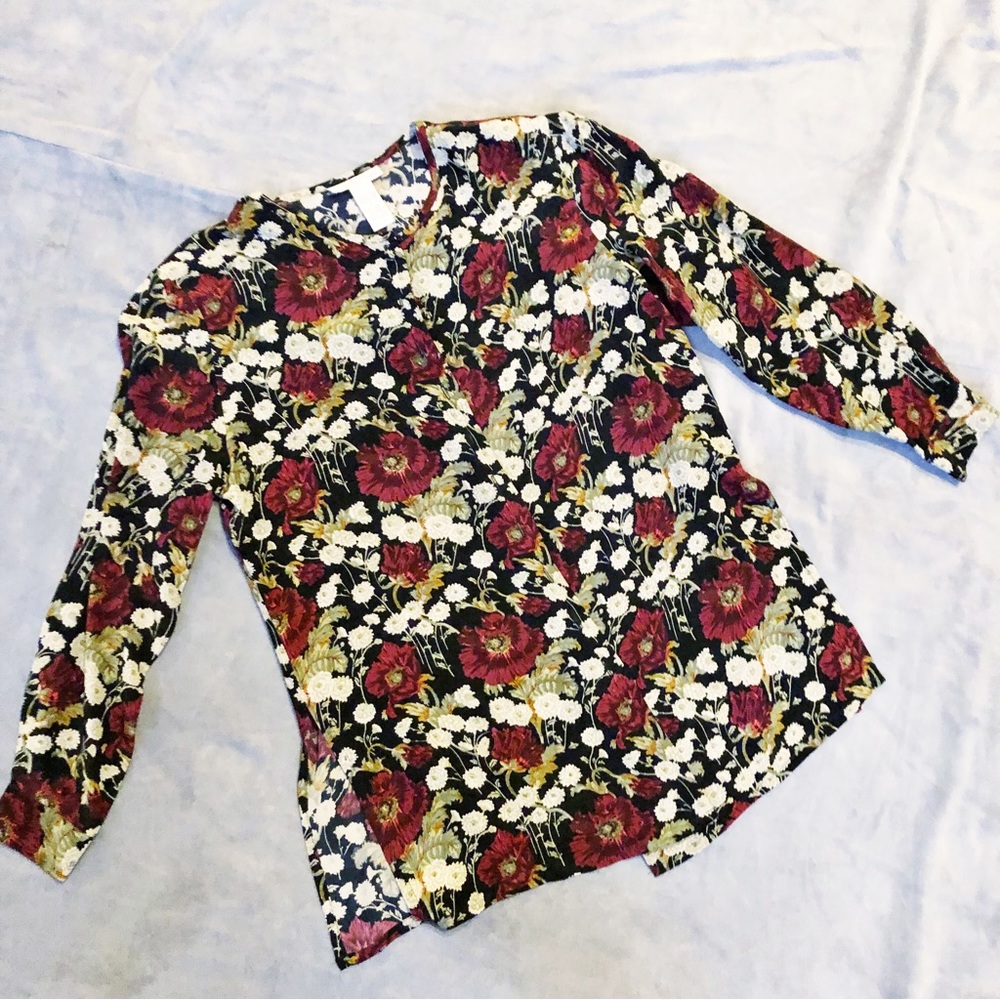VINTAGE 90s Sz Small Black Floral Anna & Frank 100% Silk Printed Top Blouse